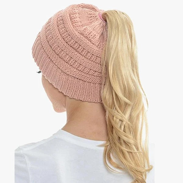 Ponytail Beanie Messy Bun Women's Beanie Solid Ribbed Hat Cap