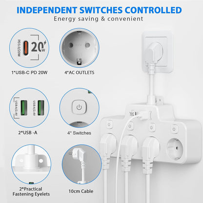 Wall-mounted Power Strip With Independent Switch - 2 USB A And 1 USB C