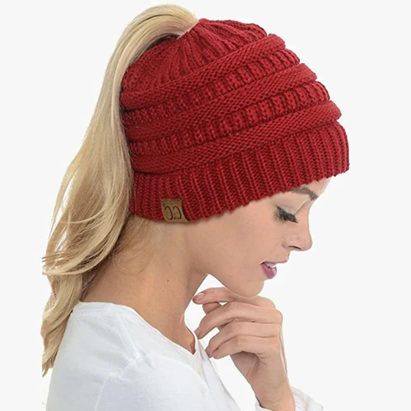 Ponytail Beanie Messy Bun Women's Beanie Solid Ribbed Hat Cap