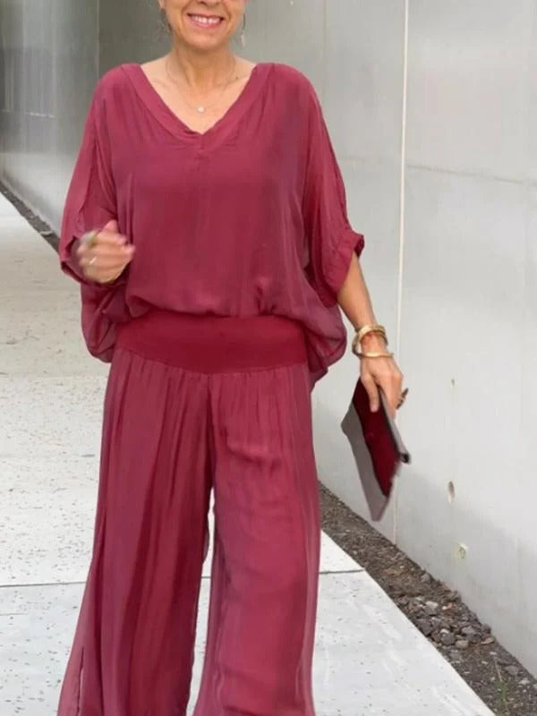 Elegant two-piece wide-leg chiffon pants