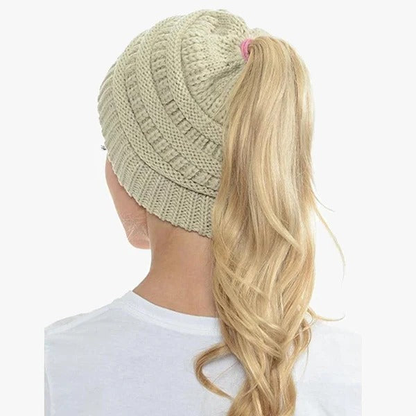 Ponytail Beanie Messy Bun Women's Beanie Solid Ribbed Hat Cap