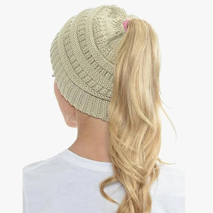 Ponytail Beanie Messy Bun Women's Beanie Solid Ribbed Hat Cap