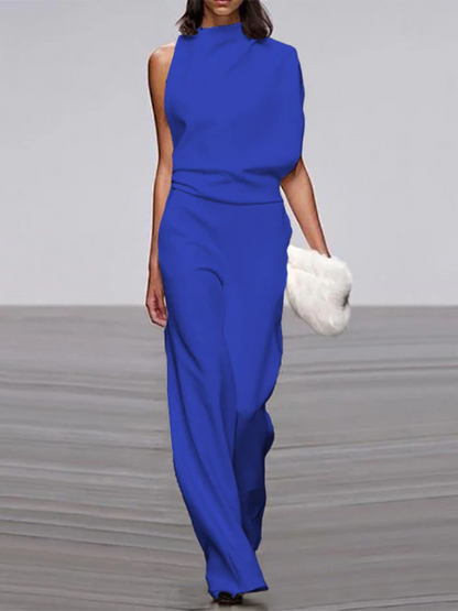 Women's round-neck, sleeveless jumpsuit with flared legs