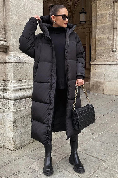 Long, quilted winter coat, warm and elegant